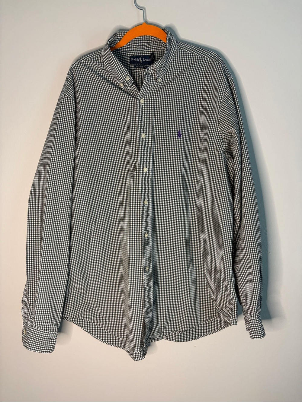 Ralph Lauren Men’s Black & White Gingham Button-Down Shirt with Purple Pony